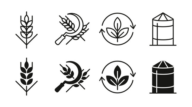 Agricultural symbols collection featuring wheat stalks sickle harvest tool crop cycle and grain silo icons, agriculture