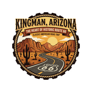 Vintage Route 66 road trip badge with desert landscape and historic highway sign