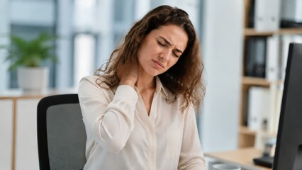 Obraz premium A business woman at her office desk wearing a white shirt clutches her neck in pain, grimacing due to muscle tension or strain while working at a computer