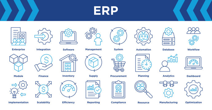ERP icon collection set. Containing Enterprise, Integration, Software, Management, System, Automation, Database and Workflow. vector editable.