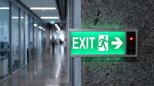 Bright green rectangular emergency exit sign with a directional arrow mounted on a gray stone wall inside modern office corridor