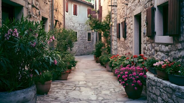 A narrow stone path winds through a rustic village alley lined with potted flowers and weathered buildings under soft light