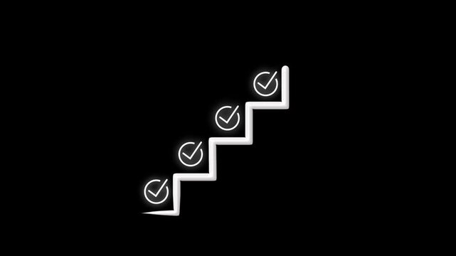 Animated staircase with glowing checkmarks for business growth and success concepts steps progress.