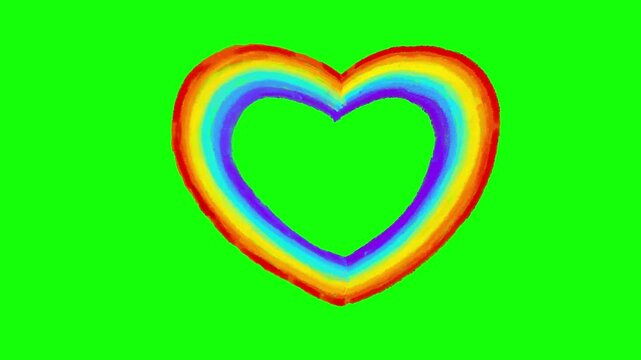 Rainbow color linear heart create seamless loop on greenbox. Hand drawn cute texture cartoon crazy animation cartoon style frame by frame classic crayon paint old style animated dynamic green screen.