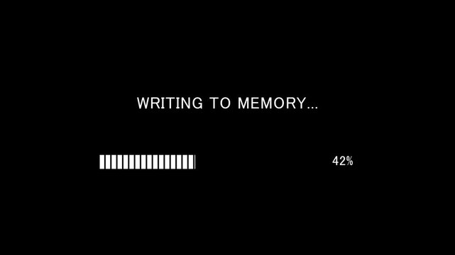 Video of loading progress bar with on-screen text writing to memory on black background