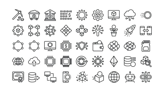 Blockchain cryptocurrency technology digital finance and data processing line art icons collection for web applications