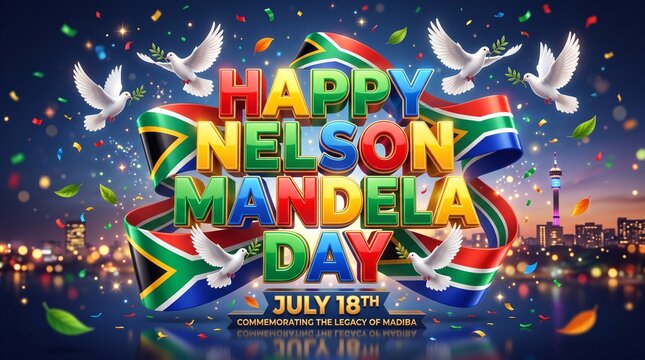 Happy Nelson Mandela Day 3D Text with South African Flag Ribbon and Doves and happy nelson mandela day