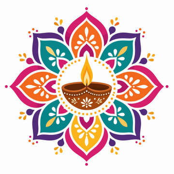 Colorful mandala art with illuminated Diwali diya oil lamp