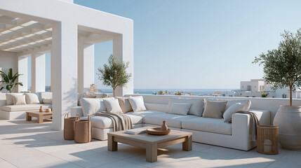 Fototapeta premium Modern living room with large windows and comfortable seating overlooking water