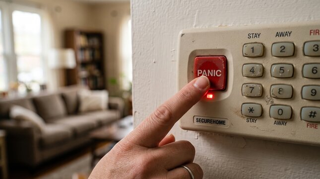 Close-up of a finger pressing the prominent red 'Panic' button on a home security system keypad.