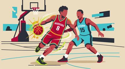 Flat Vector Illustration of a Basketball Player Performing a Slam Dunk, Dynamic Action Pose on a Clean White Background with Orange Accents, Graphic Sports Concept © mohammad