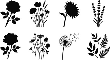 Floral silhouettes set featuring rose lavender sunflower wildflower dandelion poppies daisies and fern leaf vector designs © MdAbdur