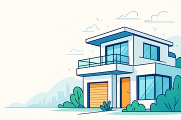 Fototapeta premium Modern two-story house with large windows and balcony in minimalistic cartoon style on light background with cityscape and nature elements. Ai generative
