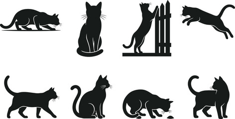 Set of black cat silhouettes in various poses for pet shop veterinary clinic and feline branding logos © MdAbdur