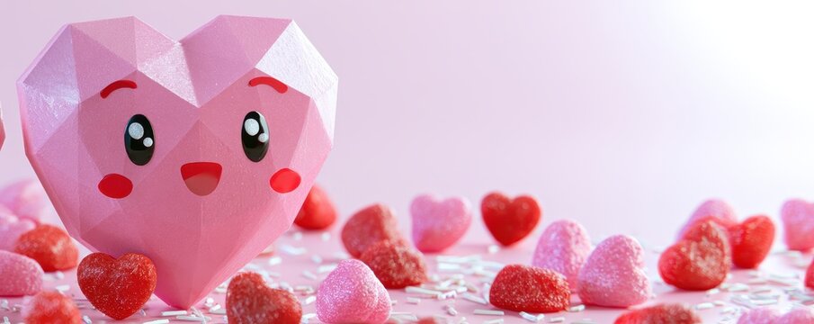 Pink polygonal heart with  cute cartoon face surrounded by small sugary heart shaped candies