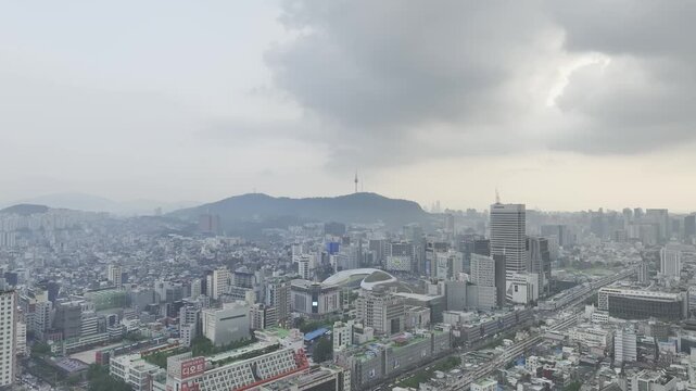 Aerial Drone View of Jongno Cityscape near Dongmyo Station and DDP Dongdaemun Design Plaza in Seoul, South Korea