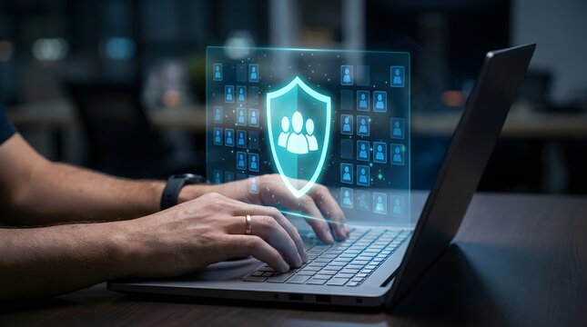 Close Up of Analyst Typing with Customer Data Protection Shield Hologram