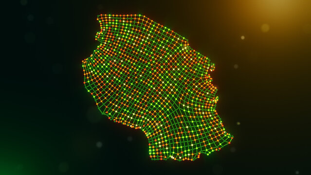 Abstract Tanzania map formed by wavy interconnected nodes and lines over a glowing green yellow orange bokeh background, symbolizing digital infrastructure and intelligent connectivity.