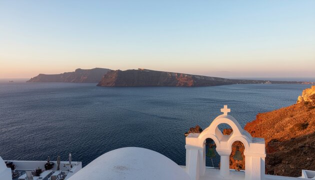 white church belfry, blue domes and volcano caldera with sea landscape, beautiful details of Santorini island, Greece