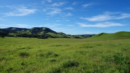 Fototapeta premium Rolling hills with blue sky and mountains. Artificial intelligence image