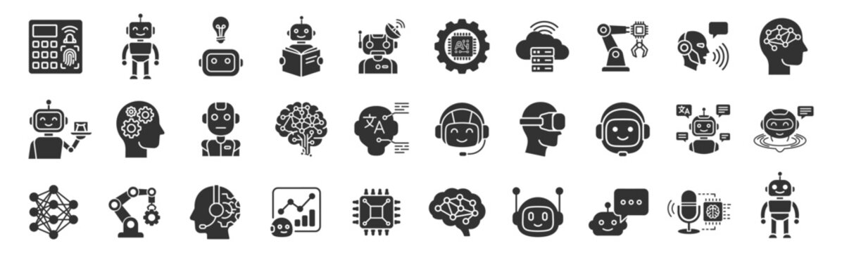 set of artificial intelligence and robot icons for technology and machine learning concepts on transparent background
