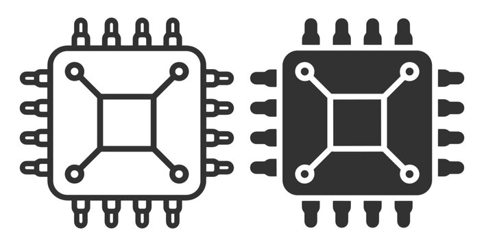 electronic microchip icon set, circuit chip outline and filled symbols, technology and hardware concept on transparent background