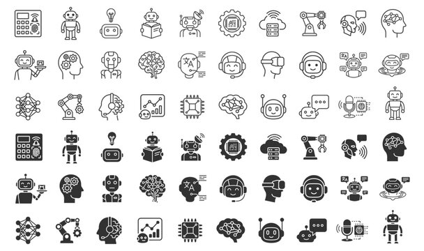 Artificial intelligence and robotics icons set vector illustration, technology and machine learning concept on transparent background