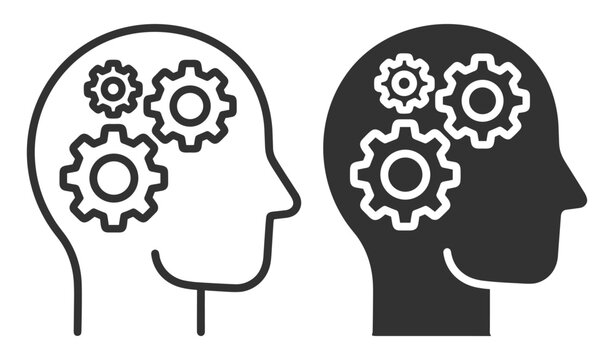 black and white human head icons with gears inside representing thinking and concept on transparent background