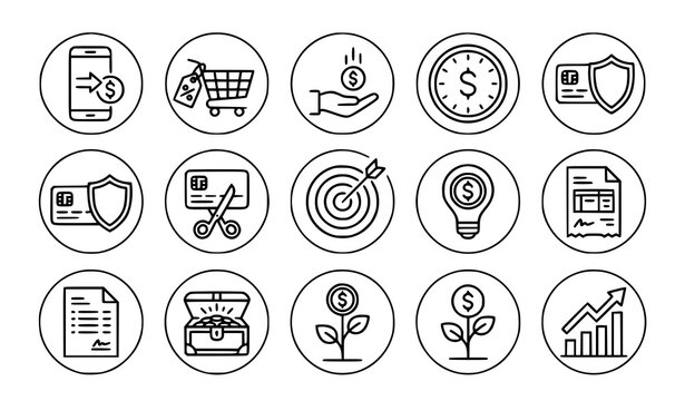 Personal finance expense tracking outline icons collection featuring digital banking linear vector symbols