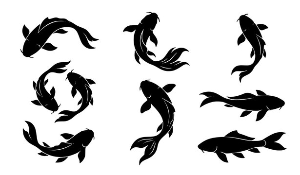 Koi fish silhouette set Japanese carp black vector illustration