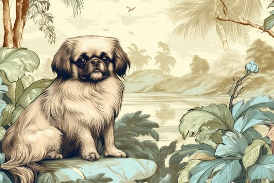 Toile with Pekingese dogs border animal mammal pet.