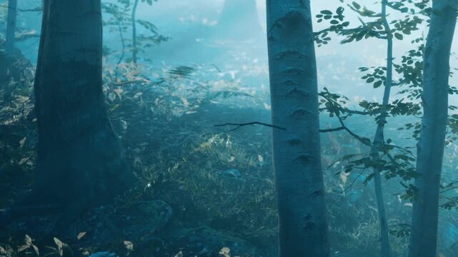 Sunlight filters through trees in a quiet forest. The ground is covered with green plants and leaves. A sense of nature surrounds the area in the early morning hours.