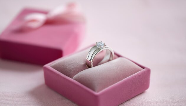 wedding rings on a pink velvet box. close up rings with diamonds for engagement