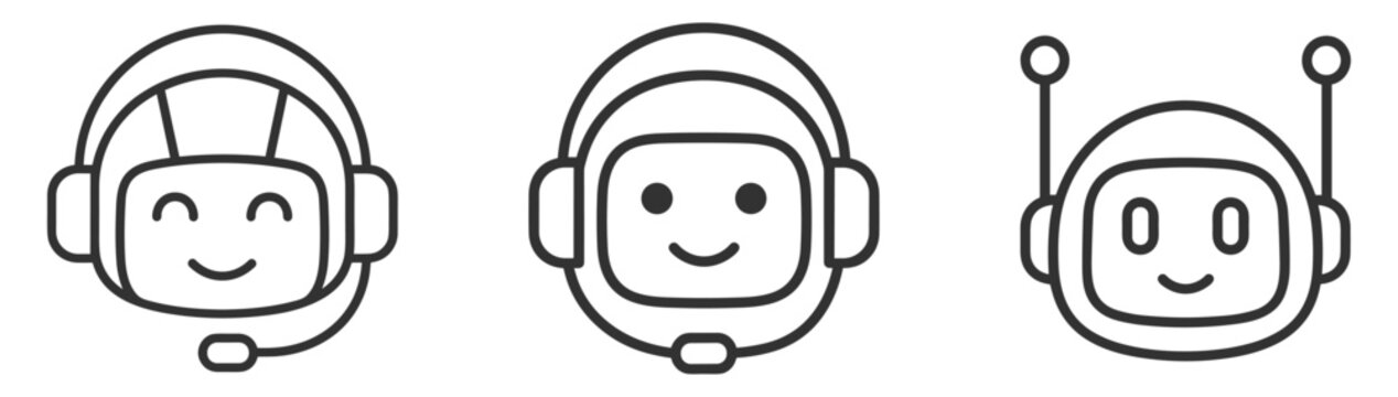 set of robot head icons with headset microphone digital assistant technology concept on transparent background