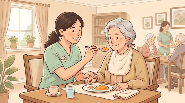 Vector illustration of caregiver feeding elderly person with spoon