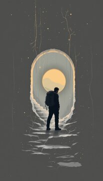 Strategic life conceptual portrait of a backpacker silhouette with staircases is captured in a clean premium minimalist concept