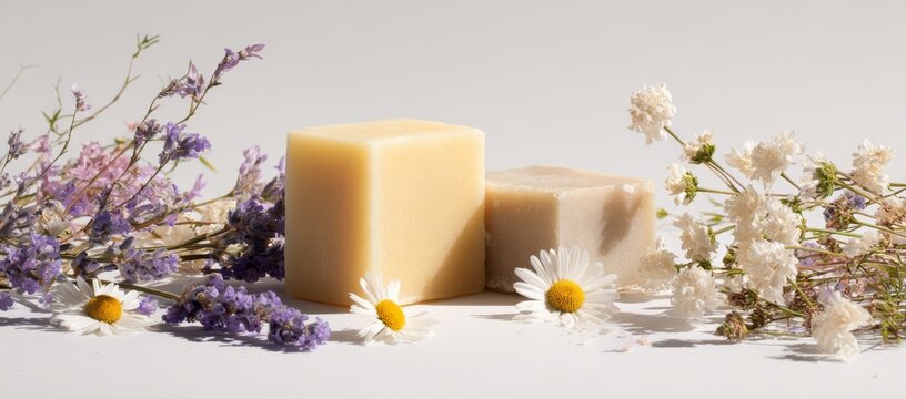 Stacked handmade natural artisan soaps surrounded by aromatic dried herbal flowers with handmade skincare lavender chamomile cosmetic bathroom wellness botanical aromatherapy essential