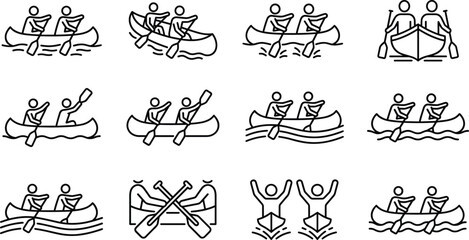 Canoe and Kayak Line Icon Set with People Rowing and Paddling Symbols for Outdoor Adventure Vector Designs © Taijul
