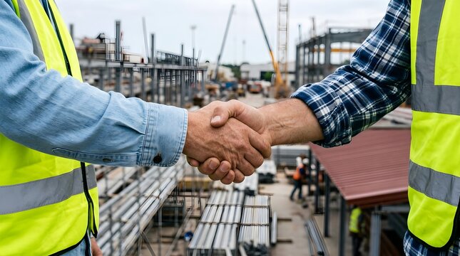 Close Up Construction Workers Shaking Hands on Site