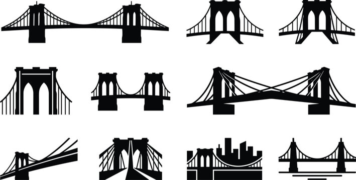 Brooklyn Bridge Silhouette Icon Set with New York City Landmark Suspension Architecture Symbols for Vector Travel Designs