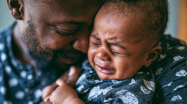 Close up of dad soothing crying baby, gentle touch, emotional connection, authentic candid moment