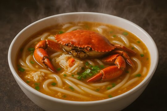 Vietnamese Crab Thick Noodle Soup Banh Canh Cua with Whole Steamed Crab Meat and Rich Savory Broth in a White Ceramic Bowl Hot Steaming Comfort Food