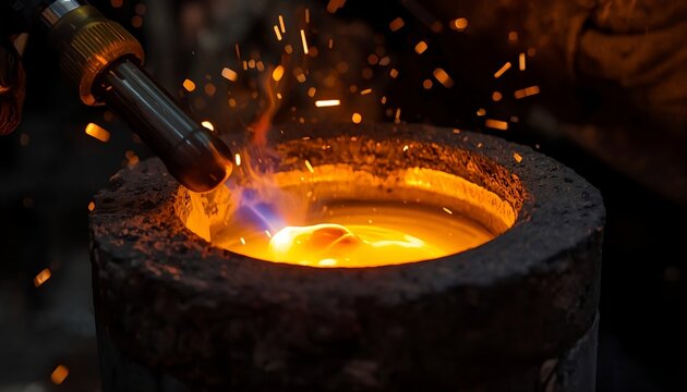 Close-up of a professional goldsmith melting gold inside a graphite crucible using a gas torch. The glowing molten metal and flying sparks highlight the precious metal casting process 