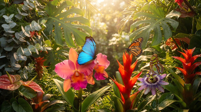 Lush tropical rainforest greenhouse with colorful orchids, bromeliads, and exotic butterflies in warm sunlight