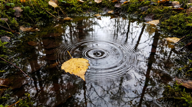 Autumn leaf falls into dark puddle creating ripples on water surface in forest nature.