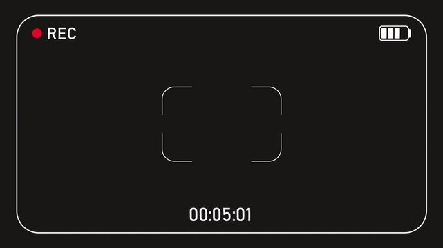 Minimal camera recording HUD overlay with subtle film grain, scanlines, and analog textures. Digital camcorder recording interface with blinking record, battery, autofocus brackets, timecode