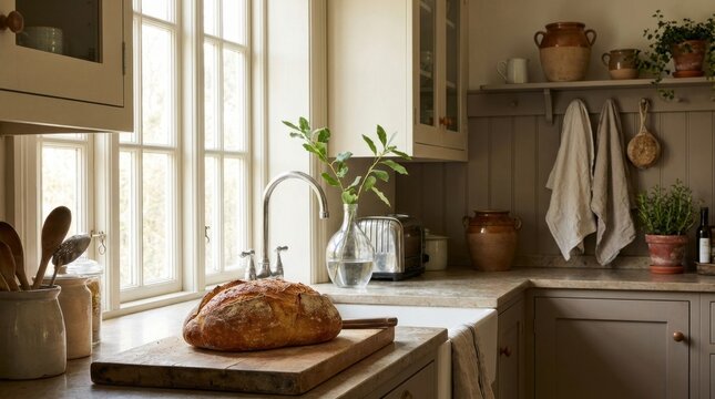 Rustic kitchen scene featuring a loaf of bread, window, and countertop.