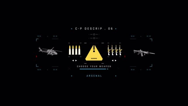 Futuristic Military Head Up Display HUD Interface with Helicopter and Weapon Icons.