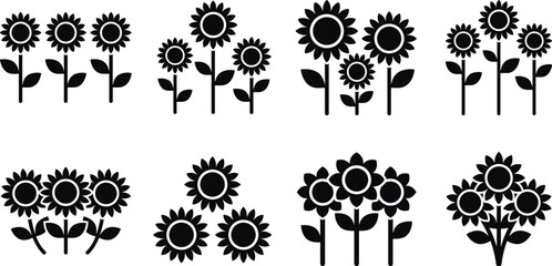 Sunflower Silhouette Icon Set with Decorative Flower Bouquets and Stems for Floral Patterns, Wedding Stationery, and Botanical Vector Designs © Taijul