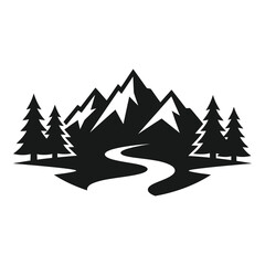 Fototapeta premium Black silhouette of mountain landscape with trees and river scenic natural environment icon